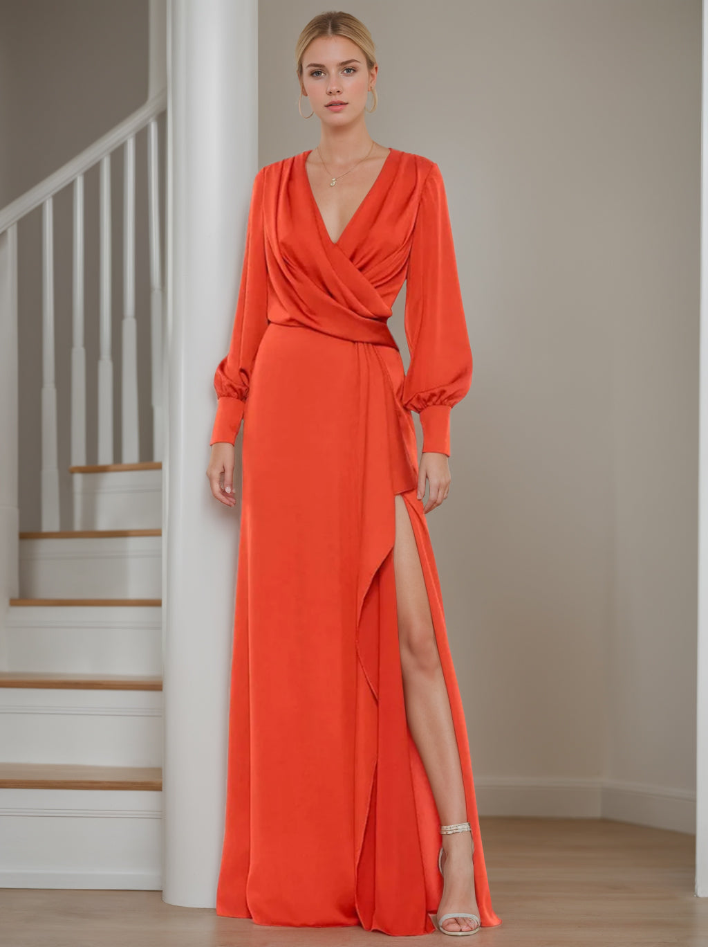 V-Neck A-Line Princess Floor-Length Mother of the Bride Dress With Ruffled Long Sleeves