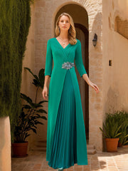 V-Neck A-Line Princess Floor-Length Mother of the Bride Dress with 3/4 Sleeves Chiffon Slit & Jewel Appliques