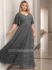 V-Neck A-Line Princess Floor-Length Mother of the Bride Dress with Applique and Half Sleeves