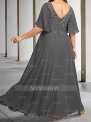 V-Neck A-Line Princess Floor-Length Mother of the Bride Dress with Applique and Half Sleeves