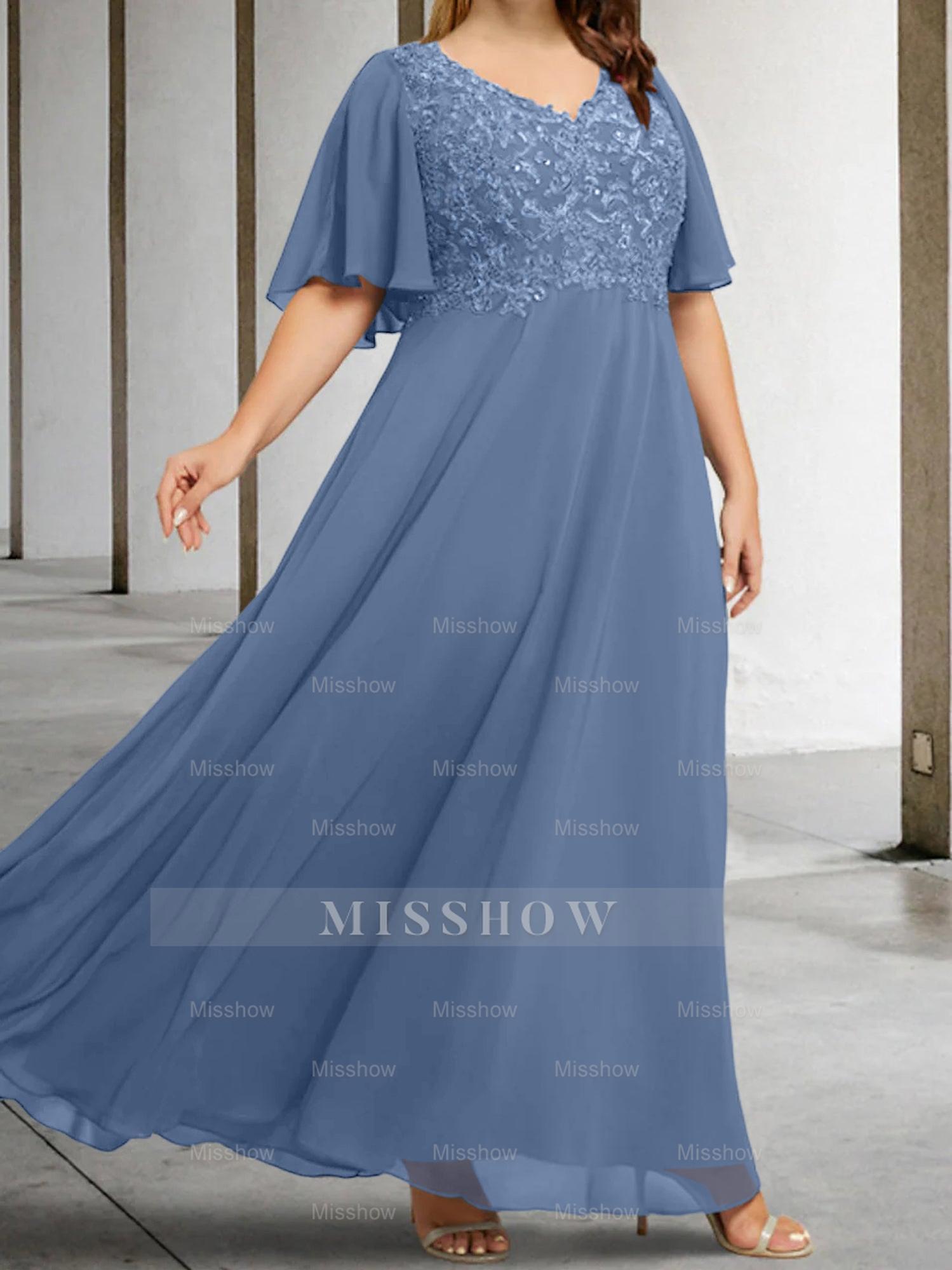 V-Neck A-Line Princess Floor-Length Mother of the Bride Dress with Applique and Half Sleeves