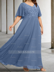 V-Neck A-Line Princess Floor-Length Mother of the Bride Dress with Applique and Half Sleeves
