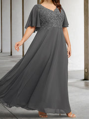 V-Neck A-Line Princess Floor-Length Mother of the Bride Dress with Applique and Half Sleeves