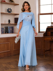 V-Neck A-Line Princess Floor-Length Mother of the Bride Dress with Appliques Ruffles & Wrap in 2 Pics