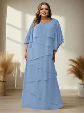 V-Neck A-Line Princess Floor-Length Mother of the Bride Dress with Half Sleeves and Ruffles in Regular & Plus Sizes