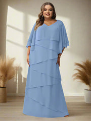 V-Neck A-Line Princess Floor-Length Mother of the Bride Dress with Half Sleeves and Ruffles in Regular & Plus Sizes
