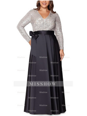 V-Neck A-Line Princess Floor-Length Mother of the Bride Dress with Long Sleeves Pocket and Sequins