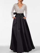 V-Neck A-Line Princess Floor-Length Mother of the Bride Dress with Long Sleeves Pocket and Sequins