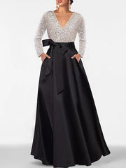 V-Neck A-Line Princess Floor-Length Mother of the Bride Dress with Long Sleeves Pocket and Sequins