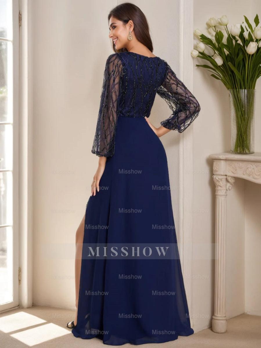 V-Neck A-Line Princess Floor-Length Mother of the Bride Dress with Long Sleeves and Split