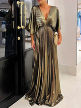 V-Neck A-Line Princess Floor-Length Mother of the Bride Dress with Ruched Detail and Half Sleeves