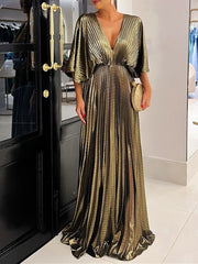 V-Neck A-Line Princess Floor-Length Mother of the Bride Dress with Ruched Detail and Half Sleeves