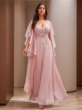 V-Neck A-Line Princess Floor-Length Mother of the Bride Dress with Short Sleeves and Appliques Lace