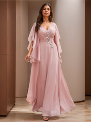 V-Neck A-Line Princess Floor-Length Mother of the Bride Dress with Short Sleeves and Appliques Lace