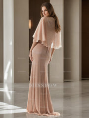 V-Neck A-Line Princess Floor-Length Mother of the Bride Dress with Side Split and Half Sleeves