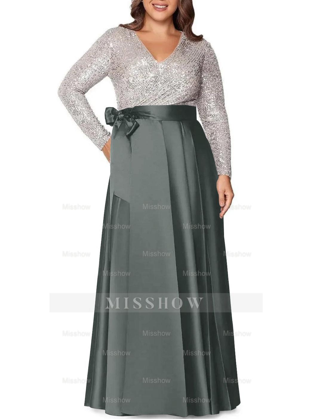 V-Neck A-Line Princess Floor-Length Plus Size Mother of the Bride Dress With Long Sleeves and Pocket Sequins