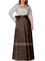 V-Neck A-Line Princess Floor-Length Plus Size Mother of the Bride Dress With Long Sleeves and Pocket Sequins
