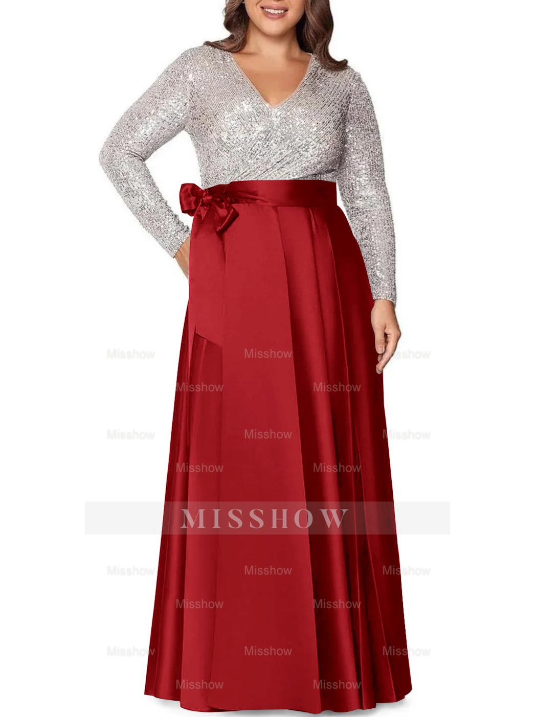 V-Neck A-Line Princess Floor-Length Plus Size Mother of the Bride Dress With Long Sleeves and Pocket Sequins