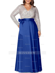 V-Neck A-Line Princess Floor-Length Plus Size Mother of the Bride Dress With Long Sleeves and Pocket Sequins
