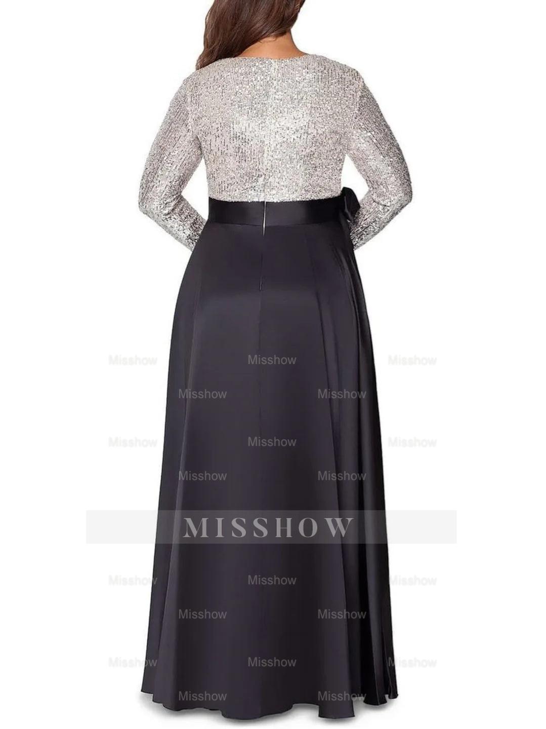 V-Neck A-Line Princess Floor-Length Plus Size Mother of the Bride Dress With Long Sleeves and Pocket Sequins
