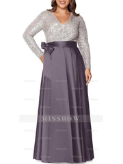 V-Neck A-Line Princess Floor-Length Plus Size Mother of the Bride Dress With Long Sleeves and Pocket Sequins