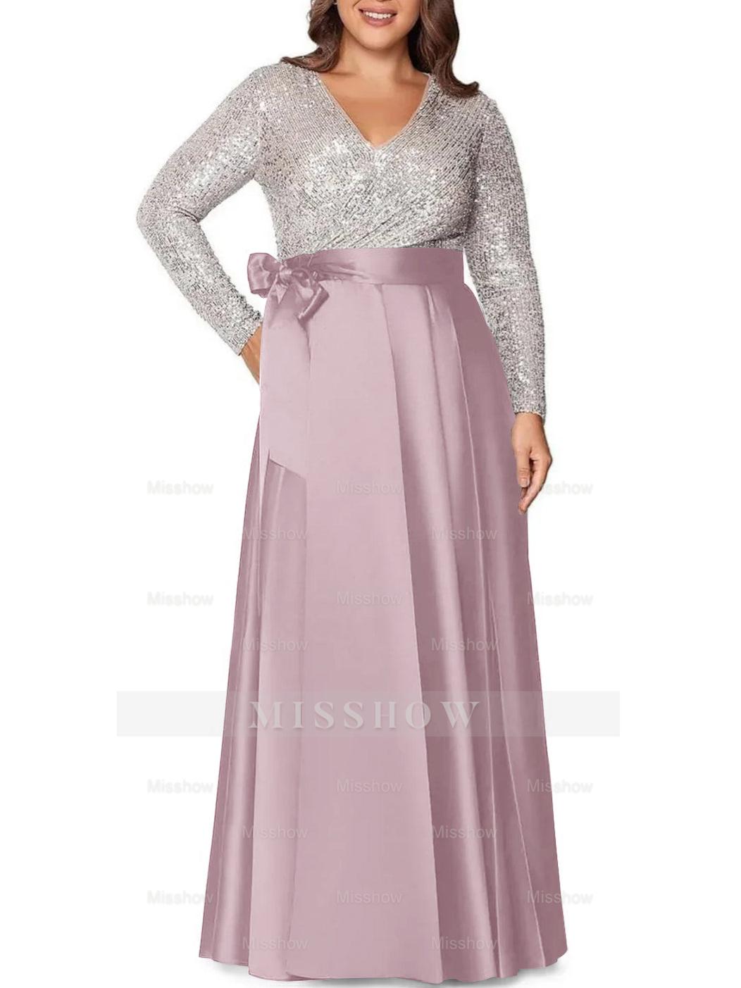 V-Neck A-Line Princess Floor-Length Plus Size Mother of the Bride Dress With Long Sleeves and Pocket Sequins