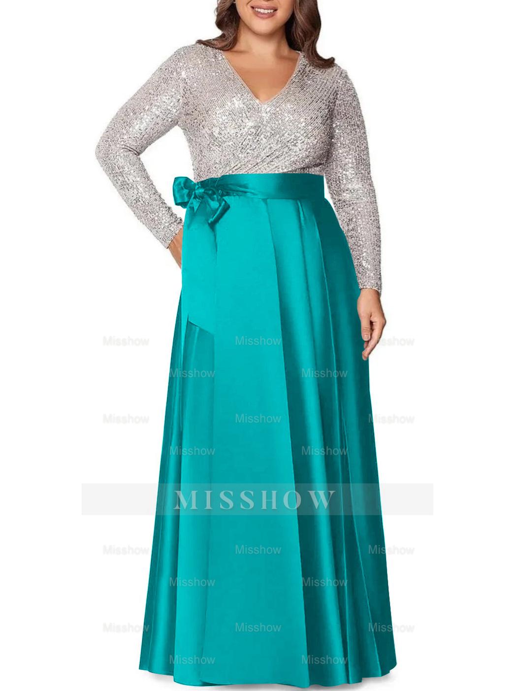V-Neck A-Line Princess Floor-Length Plus Size Mother of the Bride Dress With Long Sleeves and Pocket Sequins
