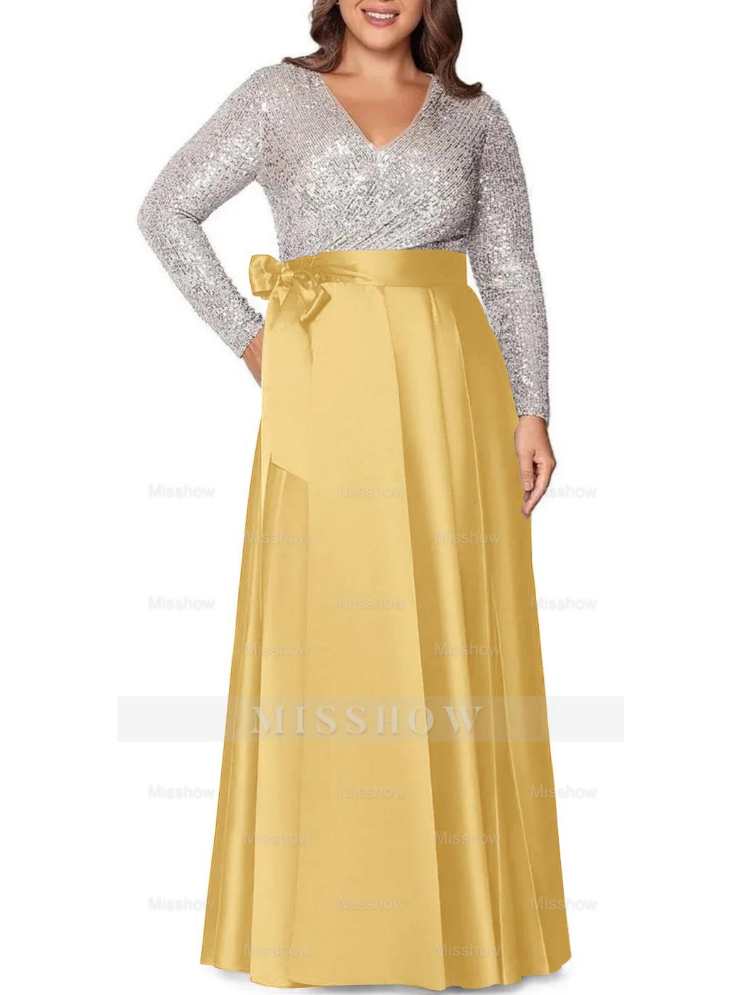 V-Neck A-Line Princess Floor-Length Plus Size Mother of the Bride Dress With Long Sleeves and Pocket Sequins
