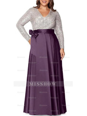 V-Neck A-Line Princess Floor-Length Plus Size Mother of the Bride Dress With Long Sleeves and Pocket Sequins