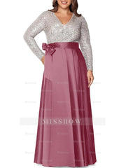 V-Neck A-Line Princess Floor-Length Plus Size Mother of the Bride Dress With Long Sleeves and Pocket Sequins