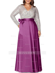 V-Neck A-Line Princess Floor-Length Plus Size Mother of the Bride Dress With Long Sleeves and Pocket Sequins