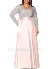 V-Neck A-Line Princess Floor-Length Plus Size Mother of the Bride Dress With Long Sleeves and Pocket Sequins