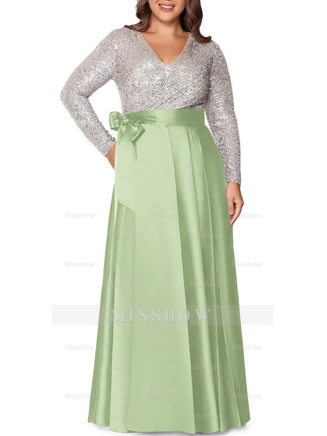 V-Neck A-Line Princess Floor-Length Plus Size Mother of the Bride Dress With Long Sleeves and Pocket Sequins