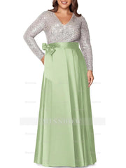 V-Neck A-Line Princess Floor-Length Plus Size Mother of the Bride Dress With Long Sleeves and Pocket Sequins