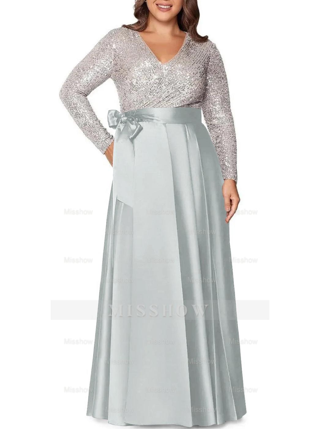V-Neck A-Line Princess Floor-Length Plus Size Mother of the Bride Dress With Long Sleeves and Pocket Sequins