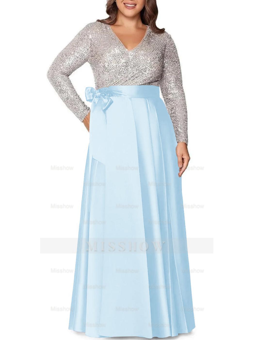 V-Neck A-Line Princess Floor-Length Plus Size Mother of the Bride Dress With Long Sleeves and Pocket Sequins