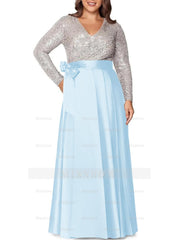 V-Neck A-Line Princess Floor-Length Plus Size Mother of the Bride Dress With Long Sleeves and Pocket Sequins