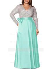 V-Neck A-Line Princess Floor-Length Plus Size Mother of the Bride Dress With Long Sleeves and Pocket Sequins