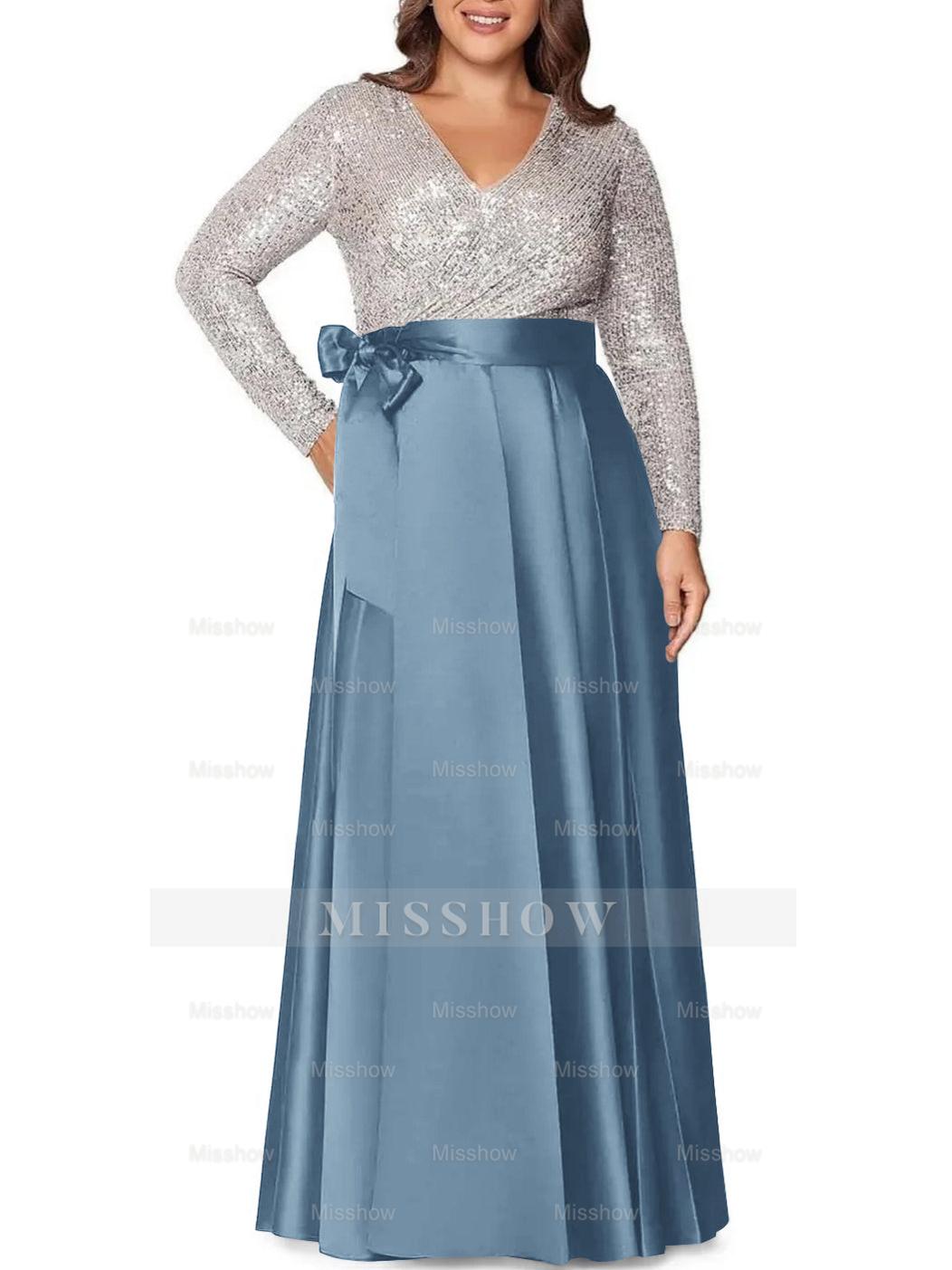 V-Neck A-Line Princess Floor-Length Plus Size Mother of the Bride Dress With Long Sleeves and Pocket Sequins