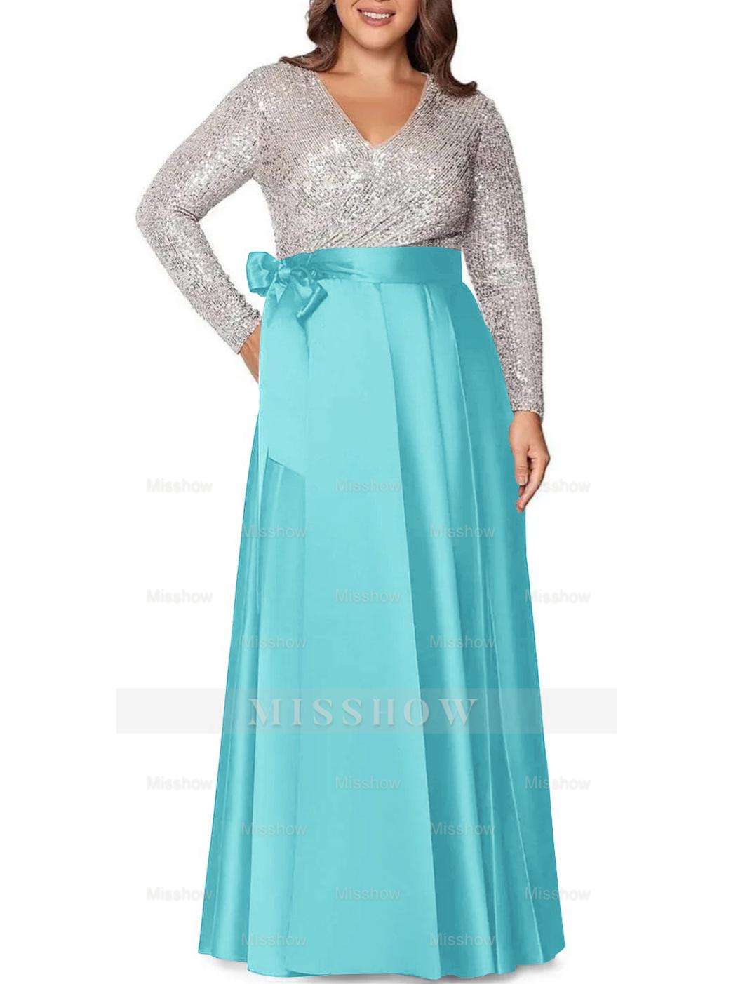 V-Neck A-Line Princess Floor-Length Plus Size Mother of the Bride Dress With Long Sleeves and Pocket Sequins