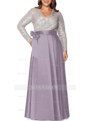 V-Neck A-Line Princess Floor-Length Plus Size Mother of the Bride Dress With Long Sleeves and Pocket Sequins