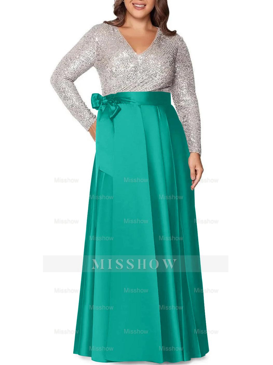 V-Neck A-Line Princess Floor-Length Plus Size Mother of the Bride Dress With Long Sleeves and Pocket Sequins