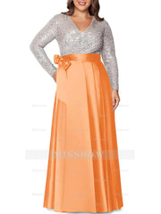 V-Neck A-Line Princess Floor-Length Plus Size Mother of the Bride Dress With Long Sleeves and Pocket Sequins