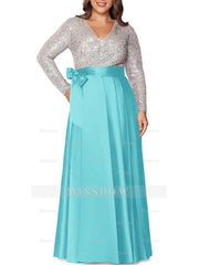 V-Neck A-Line Princess Floor-Length Plus Size Mother of the Bride Dress With Long Sleeves and Pocket Sequins