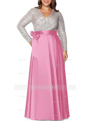 V-Neck A-Line Princess Floor-Length Plus Size Mother of the Bride Dress With Long Sleeves and Pocket Sequins