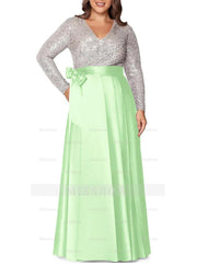 V-Neck A-Line Princess Floor-Length Plus Size Mother of the Bride Dress With Long Sleeves and Pocket Sequins