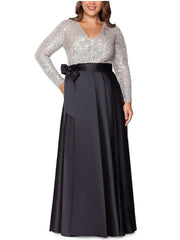 V-Neck A-Line Princess Floor-Length Plus Size Mother of the Bride Dress With Long Sleeves and Pocket Sequins