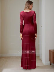 V-Neck A-Line Princess Floor-Length Velvet Mother of the Bride Dress with Ruffled Long Sleeves