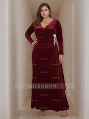 V-Neck A-Line Princess Floor-Length Velvet Mother of the Bride Dress with Ruffled Long Sleeves