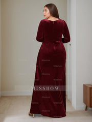 V-Neck A-Line Princess Floor-Length Velvet Mother of the Bride Dress with Ruffled Long Sleeves